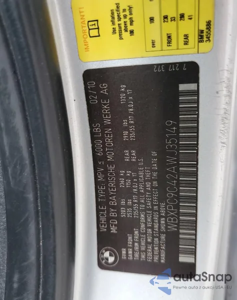 2010 BMW X3 xDrive30I из США, поврежденный, VIN WBXPC9C42AWJ35149